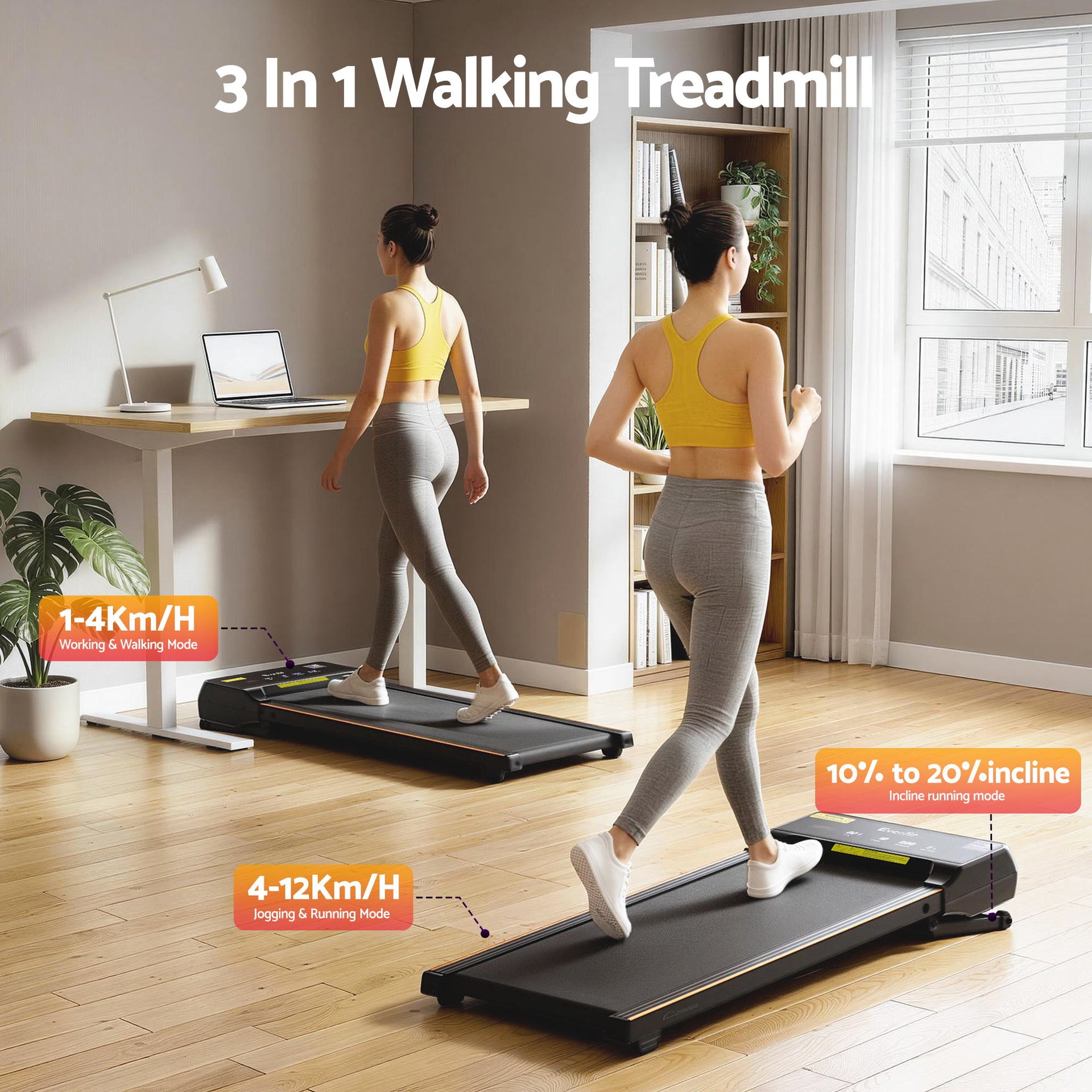 Everfit 3 in 1 Walking Pad Treadmill 20% Auto Incline Under Desk Treadmills for Home Gym With 40cm Wide Belt Awezingly