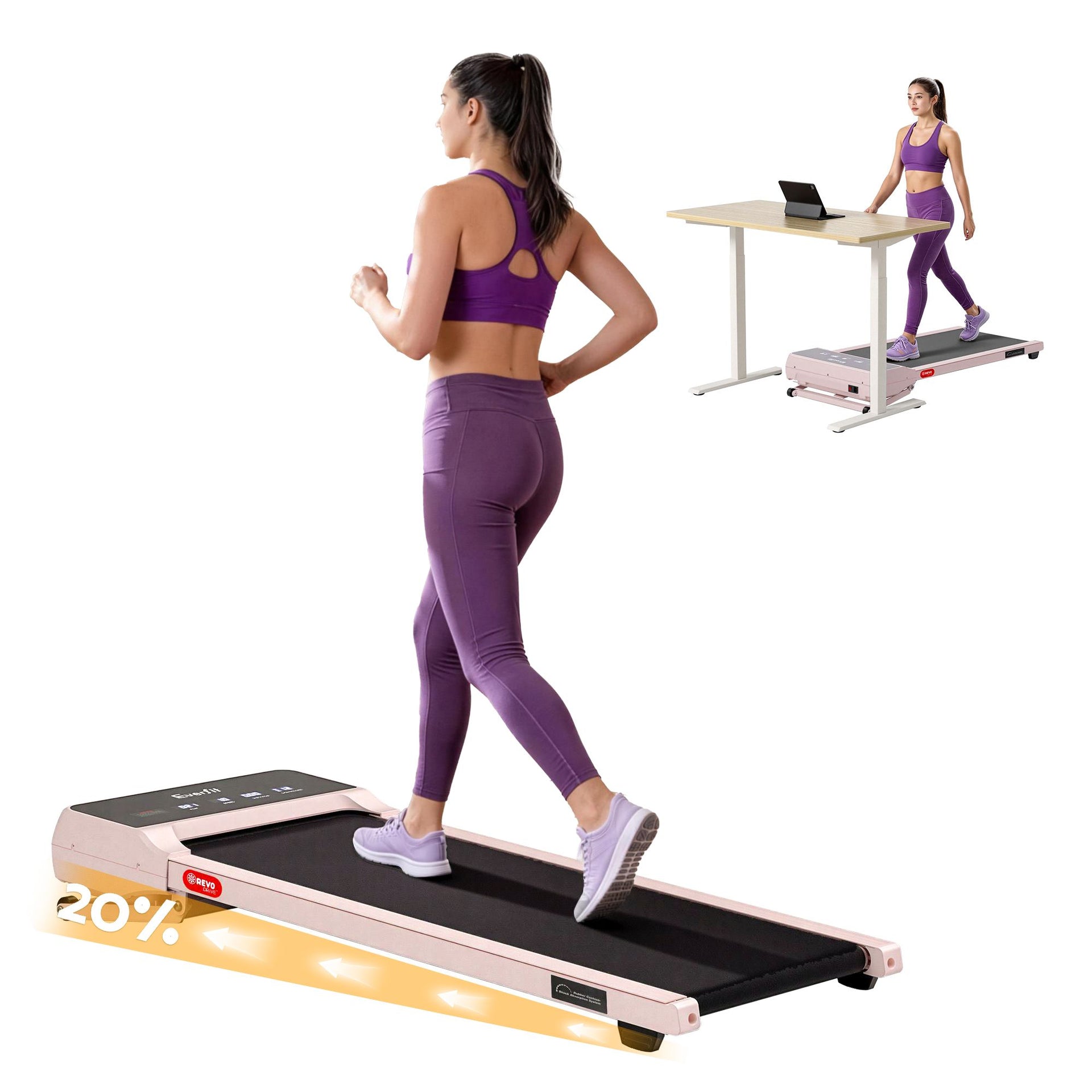 Everfit 3 in 1 Walking Pad Treadmill 20% Auto Incline Under Desk Treadmills for Home Gym With 40cm Wide Belt Pink Everfit