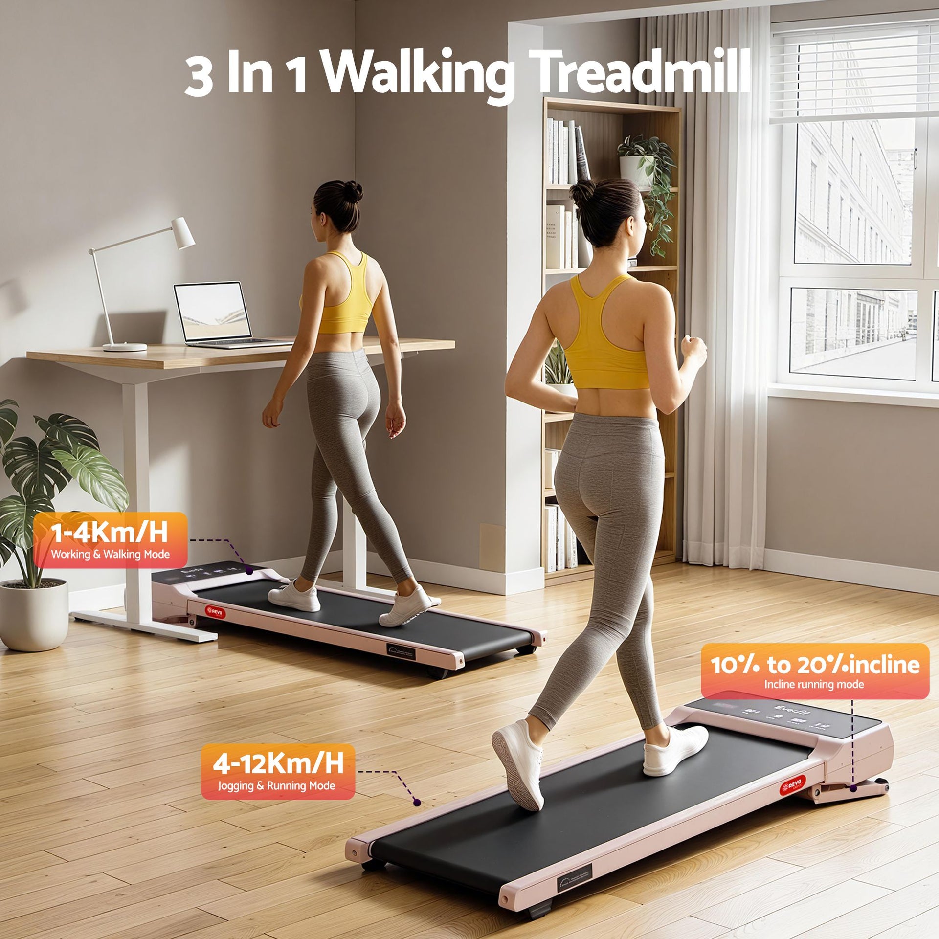 Everfit 3 in 1 Walking Pad Treadmill 20% Auto Incline Under Desk Treadmills for Home Gym With 40cm Wide Belt Pink Everfit