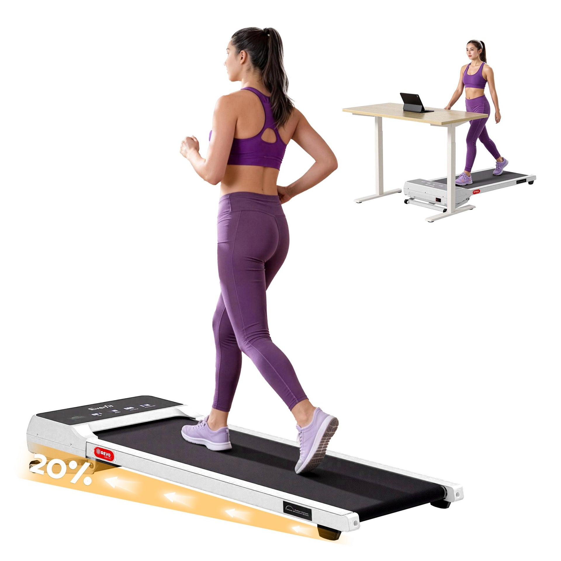 Everfit 3 in 1 Walking Pad Treadmill 20% Auto Incline Under Desk Treadmills for Home Gym With 40cm Wide Belt White Everfit