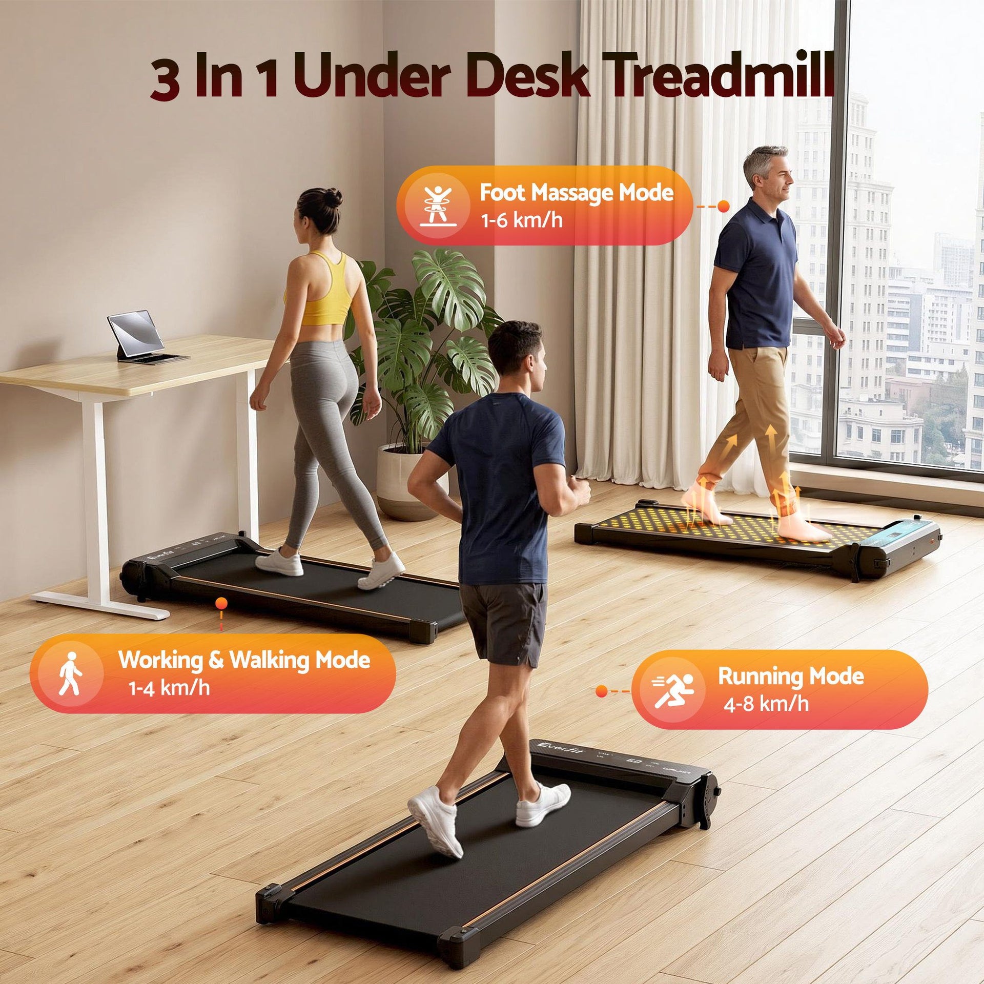 Everfit 2 in 1 Walking Pad Treadmill Dual-Sided Under Desk Treadmills with Foot Massage for Home Gym with App Control Black Everfit