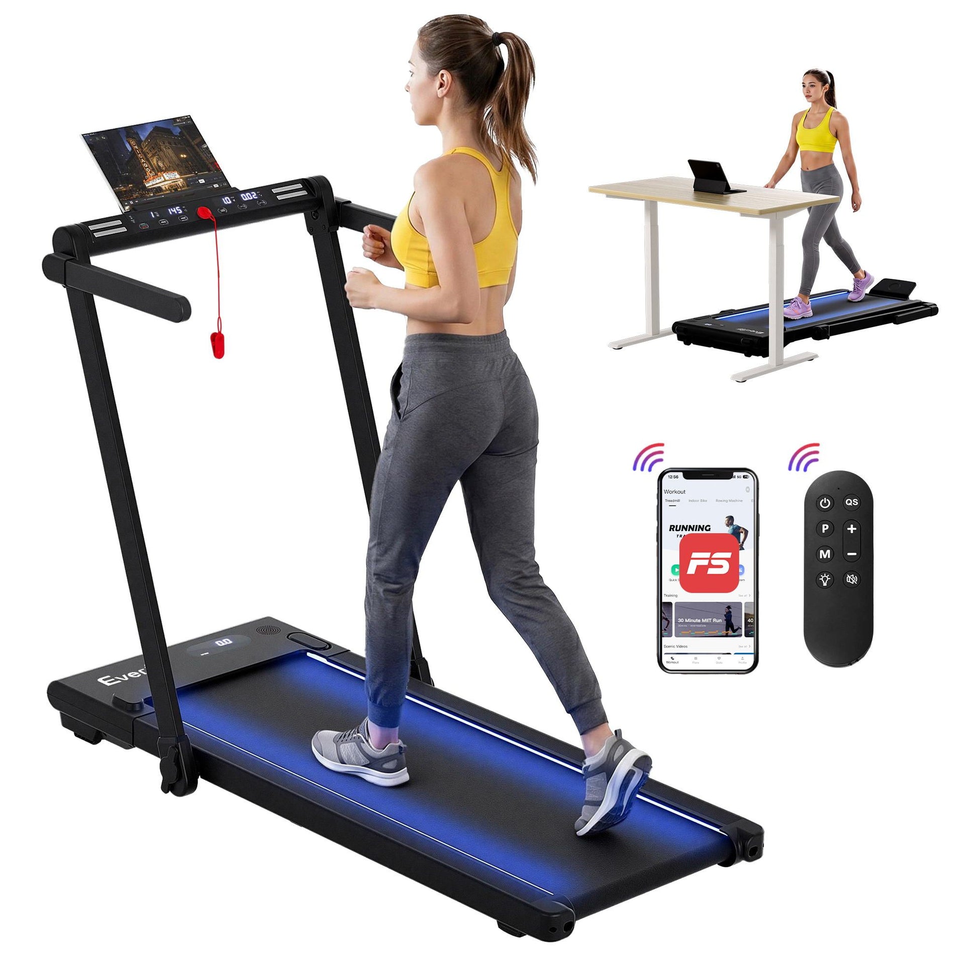 Everfit 3 in 1 Walking Pad Treadmill With Led Lights Foldable Under Desk Treadmills for Home Gym 40cm Wide Belt Black Awezingly