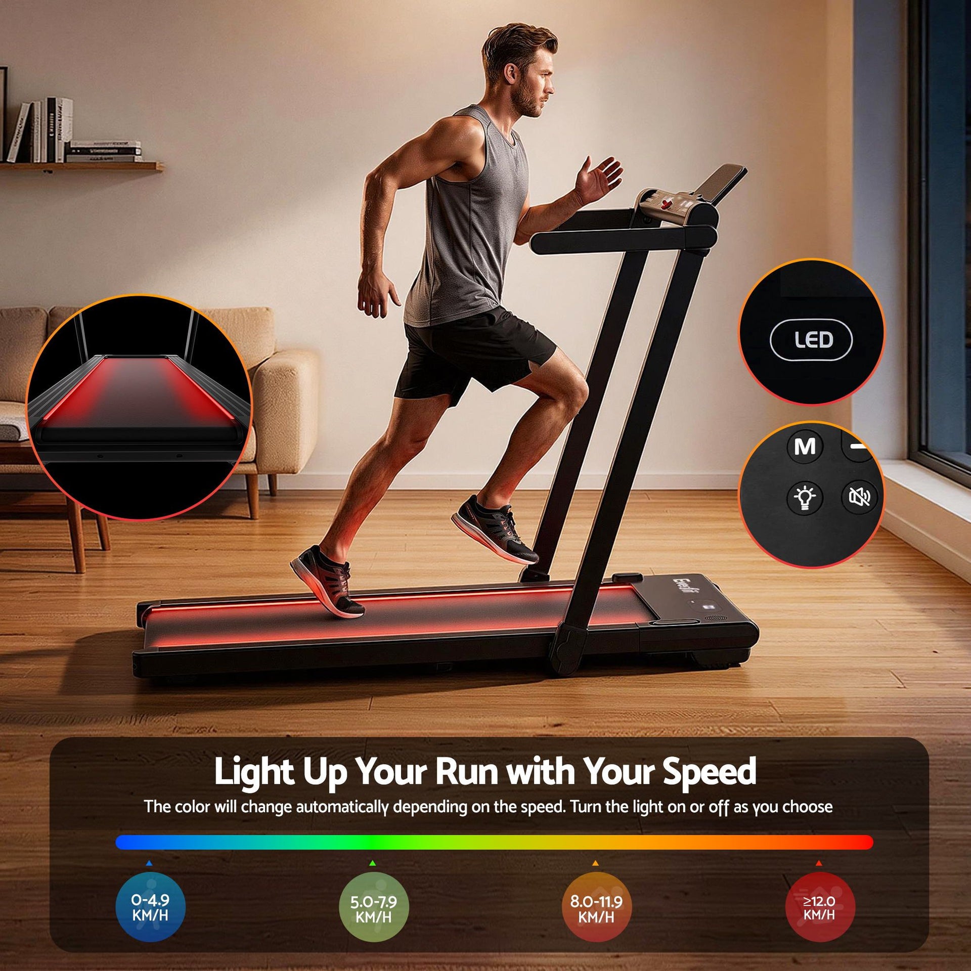 Everfit 3 in 1 Walking Pad Treadmill With Led Lights Foldable Under Desk Treadmills for Home Gym 40cm Wide Belt Black Awezingly