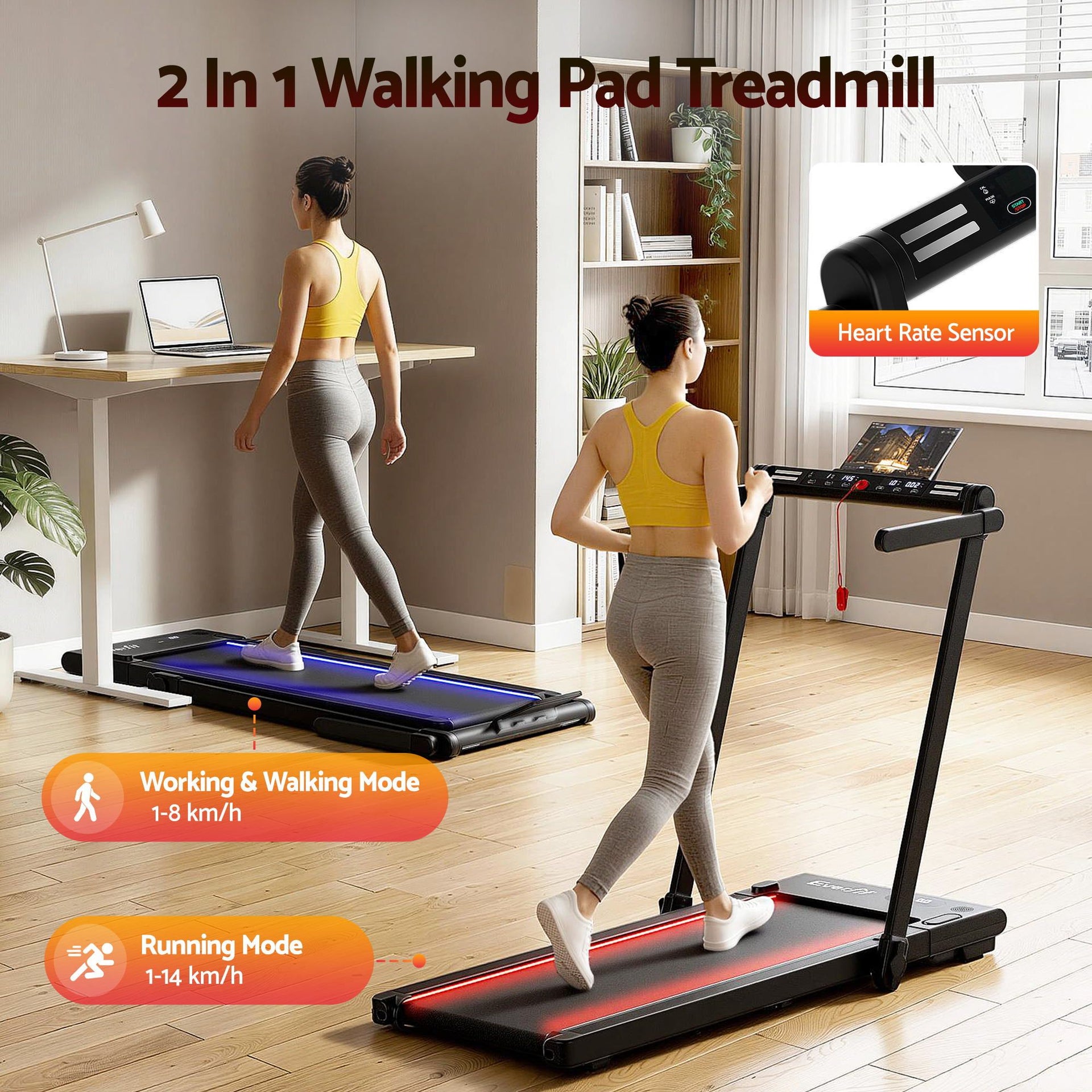 Everfit 3 in 1 Walking Pad Treadmill With Led Lights Foldable Under Desk Treadmills for Home Gym 40cm Wide Belt Black Awezingly