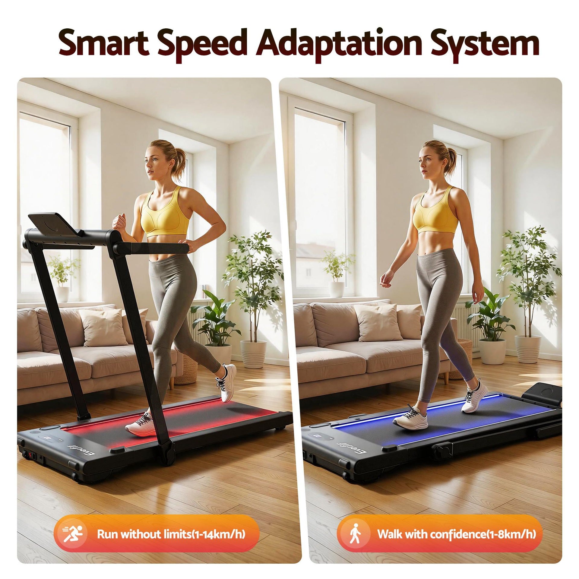 Everfit 3 in 1 Walking Pad Treadmill With Led Lights Foldable Under Desk Treadmills for Home Gym 40cm Wide Belt Black Awezingly