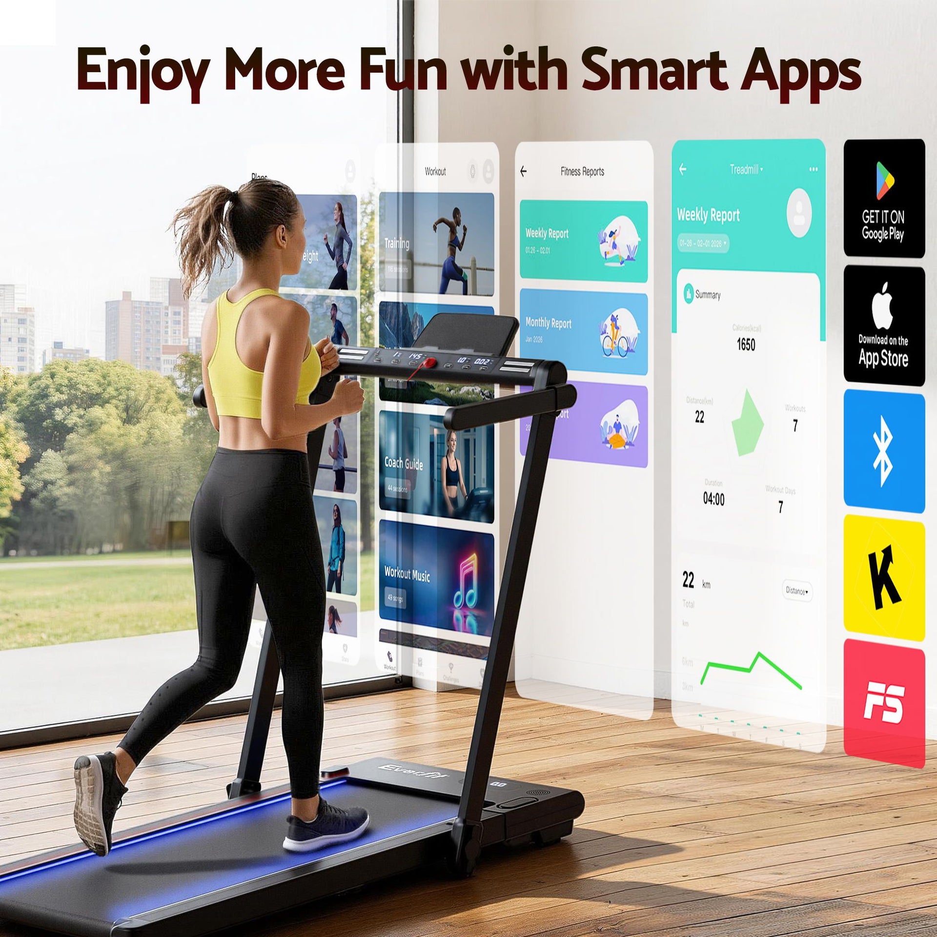 Everfit 3 in 1 Walking Pad Treadmill With Led Lights Foldable Under Desk Treadmills for Home Gym 40cm Wide Belt Black Awezingly