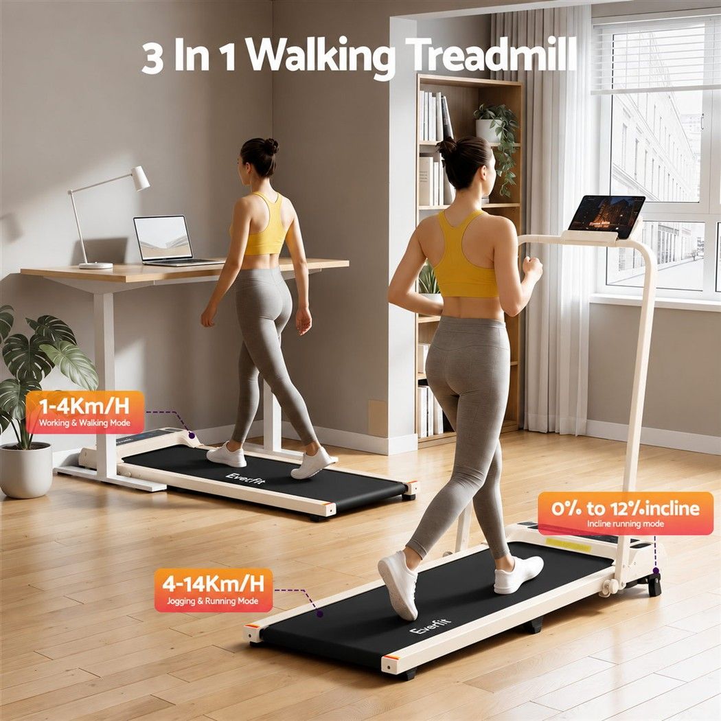 Everfit 3 in 1 Walking Pad Treadmill 12% Incline Foldable Under Desk Treadmills 40cm Belt Beige Awezingly