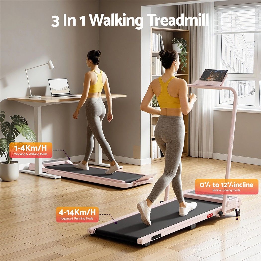 Everfit 3 in 1 Walking Pad Treadmill 12% Incline Foldable Under Desk Treadmills for Home Gym With 40cm Wide Belt Pink Awezingly