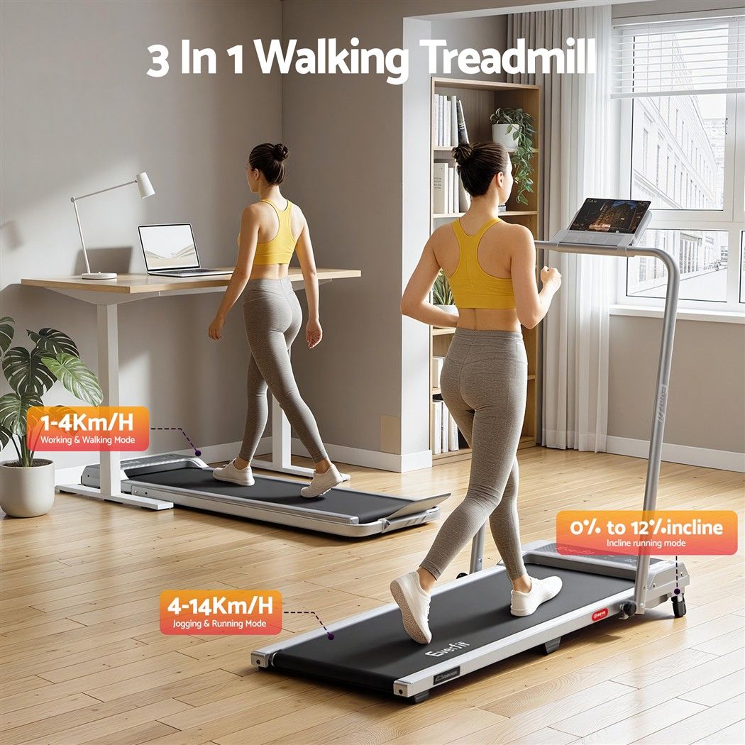 Everfit 3 in 1 Walking Pad Treadmill 12% Incline Foldable Under Desk Treadmills for Home Gym With 40cm Wide Belt Silver Awezingly