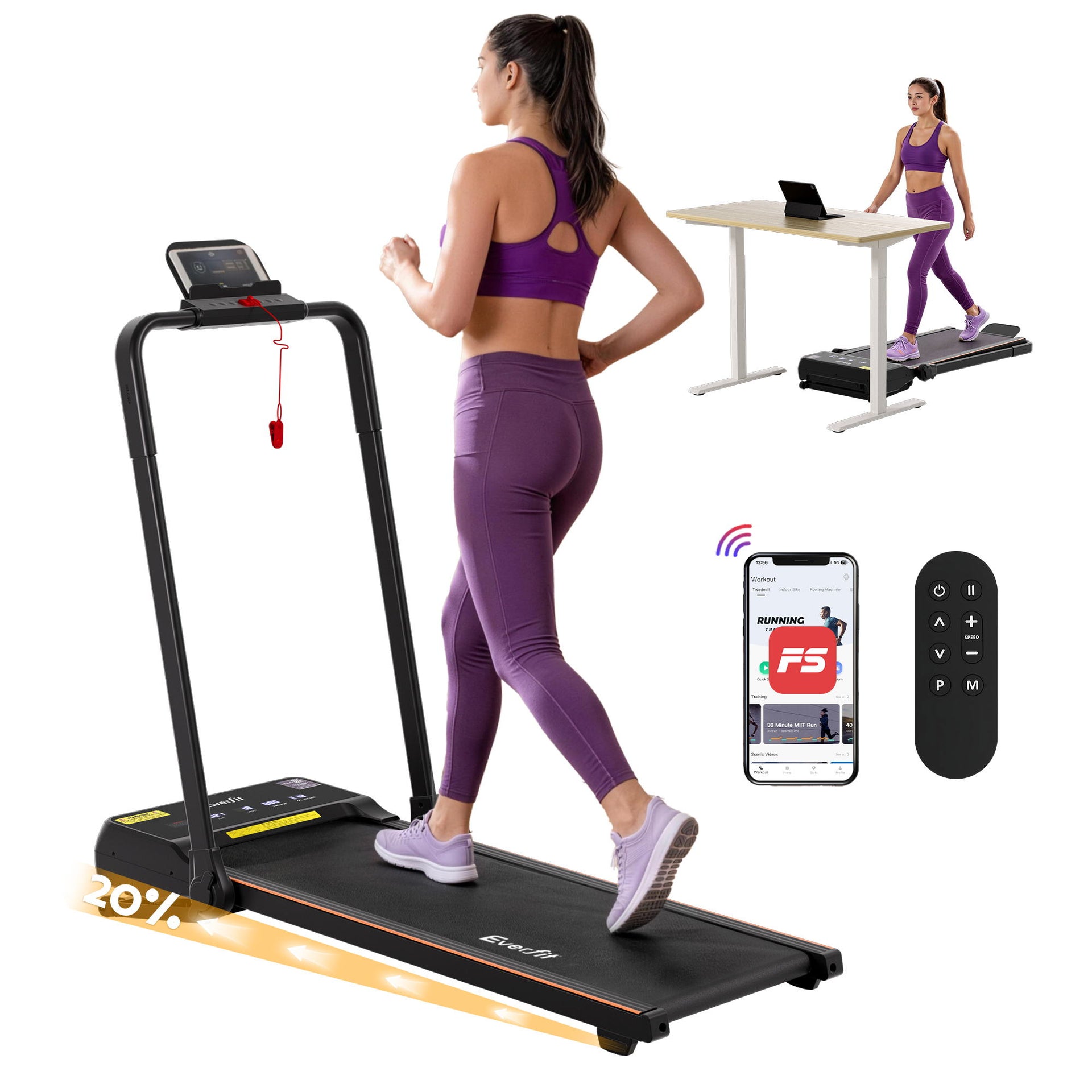 Everfit 3 in 1 Walking Pad Treadmill 20% Auto Incline Under Desk Foldable Treadmills for Home With 40cm Wide Belt Awezingly