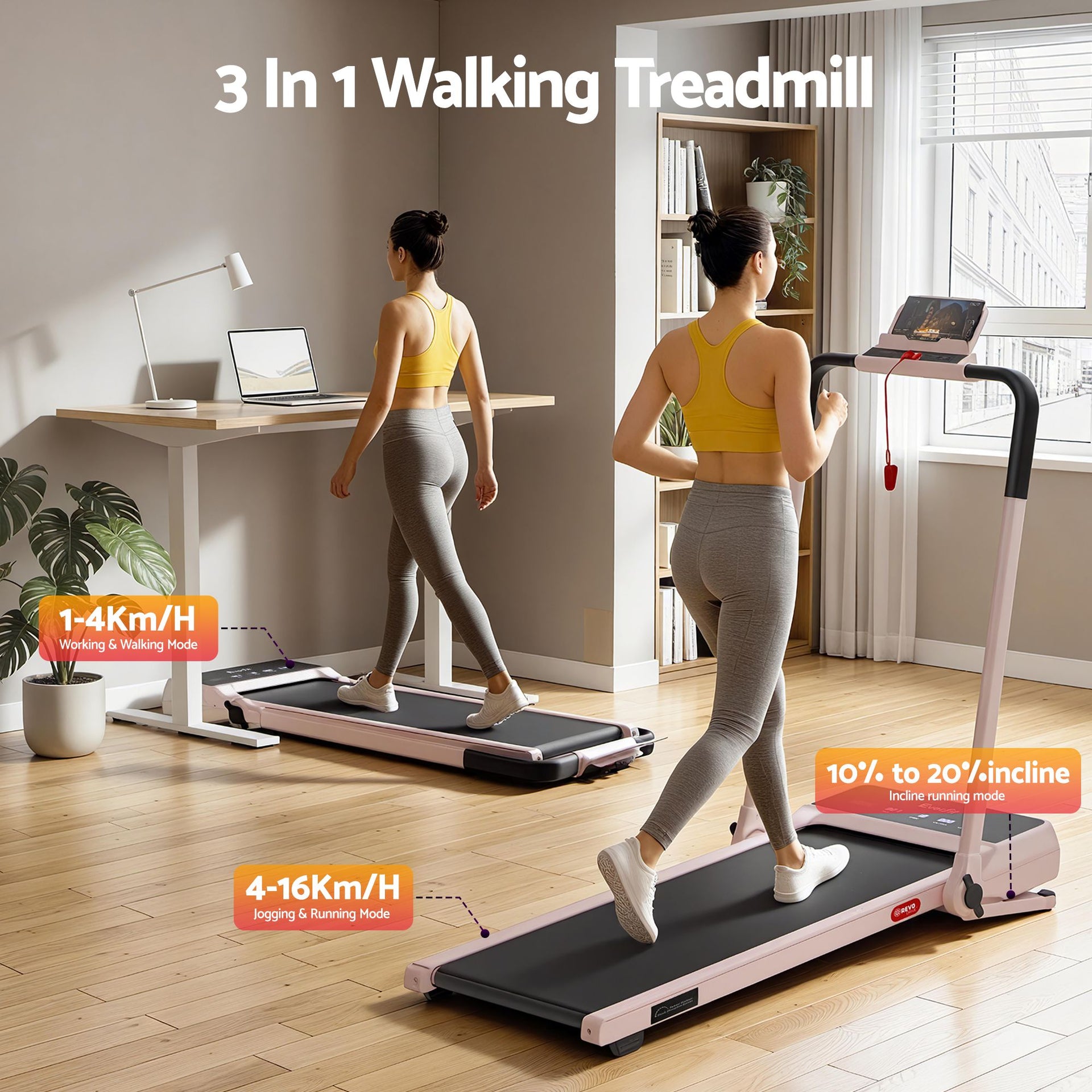 Everfit 3 in 1 Walking Pad Treadmill 20% Auto Incline Under Desk Foldable Treadmills for Home With 40cm Wide Belt Pink Everfit