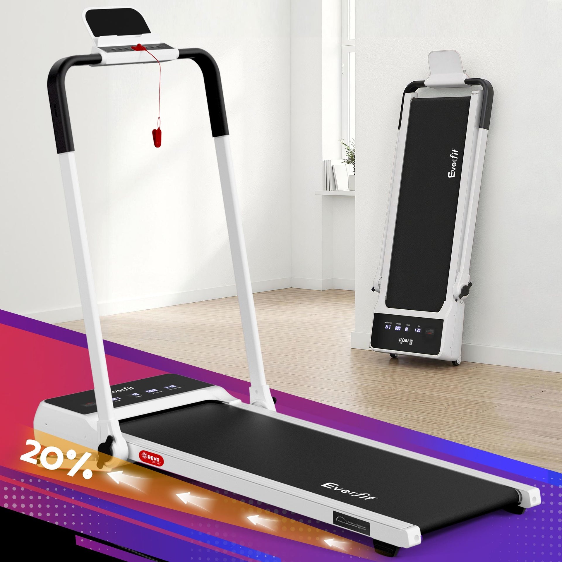 Everfit 3 in 1 Walking Pad Treadmill 20% Auto Incline Under Desk Foldable Treadmills for Home With 40cm Wide Belt White Awezingly