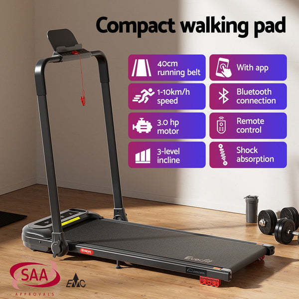 Everfit Treadmill Electric Walking Pad with Incline Foldable for Home Gym Black Awezingly