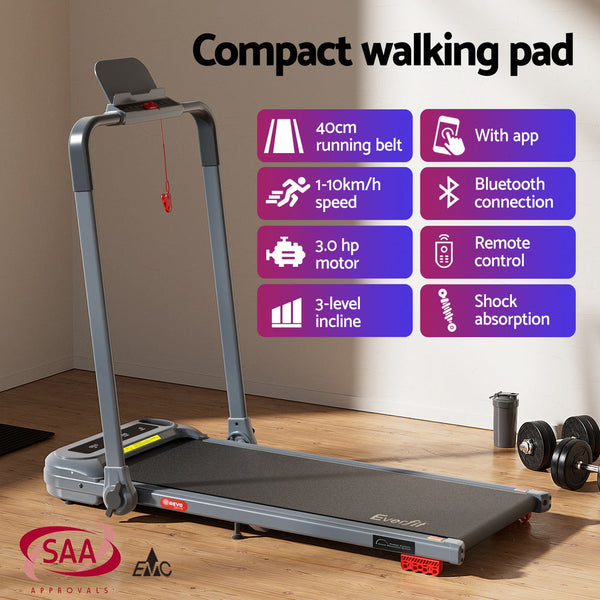 Everfit Treadmill Electric Walking Pad with Incline Foldable for Home Gym Grey Awezingly