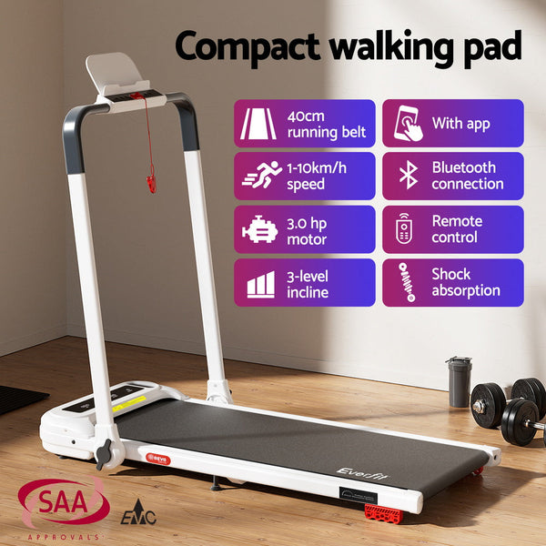 Everfit Treadmill Electric Walking Pad with Incline Foldable for Home Gym White Awezingly