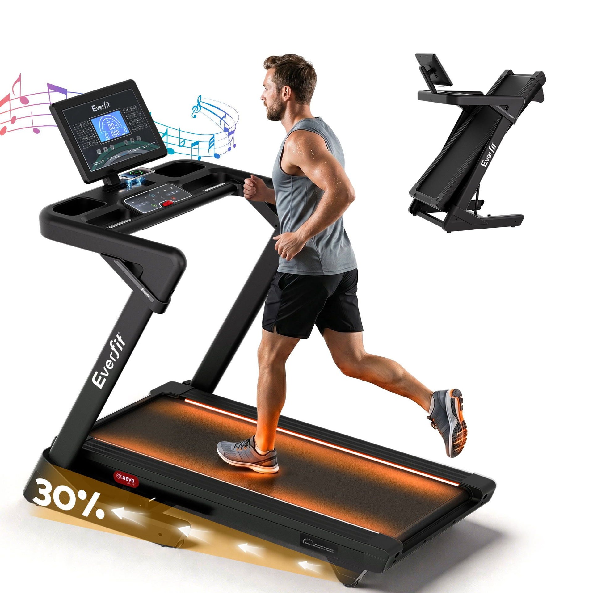 Everfit 500mm Wide Belt Treadmill 30% Auto Incline Foldable Treadmills for Home with LED Lights Awezingly