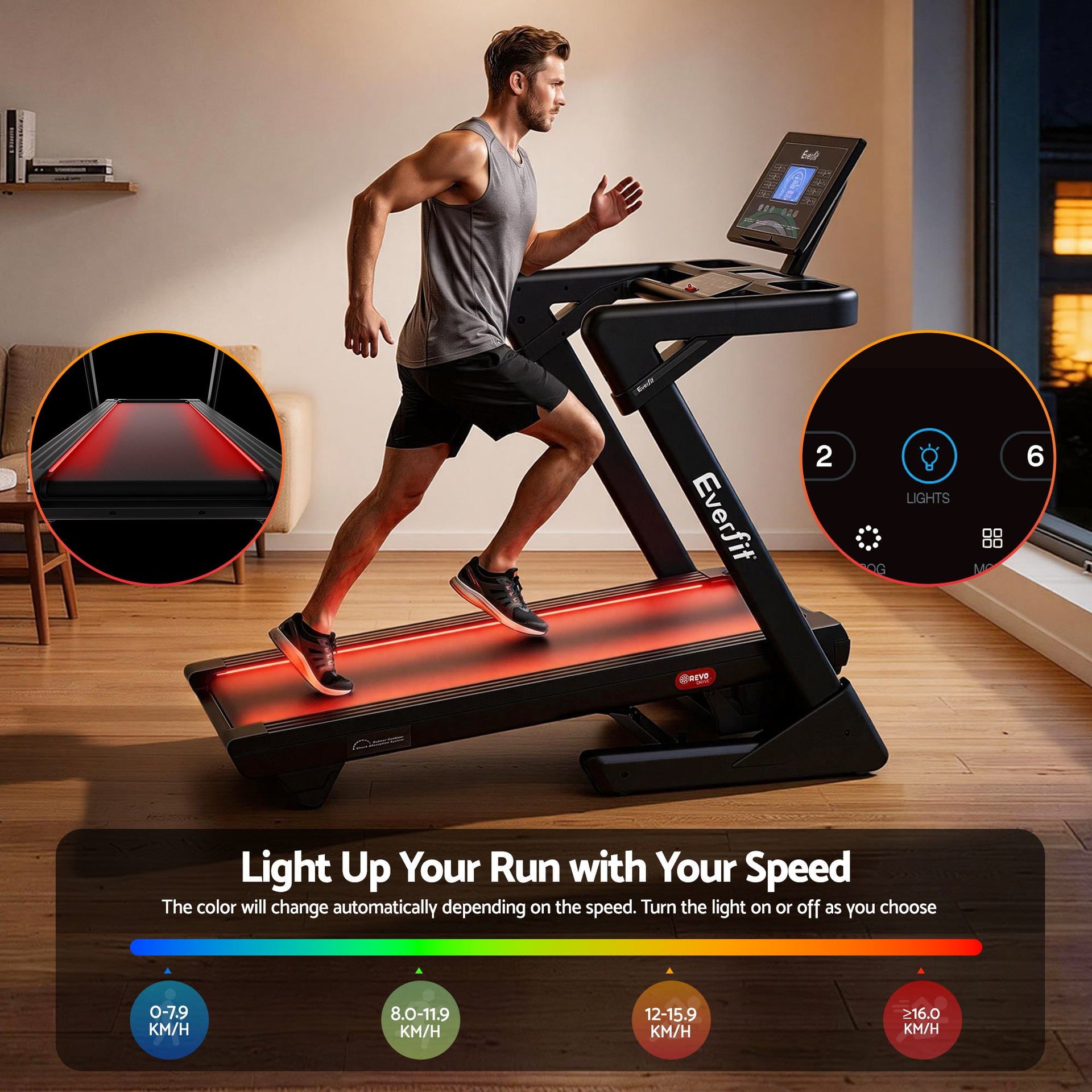 Everfit 500mm Wide Belt Treadmill 30% Auto Incline Foldable Treadmills for Home with LED Lights Awezingly