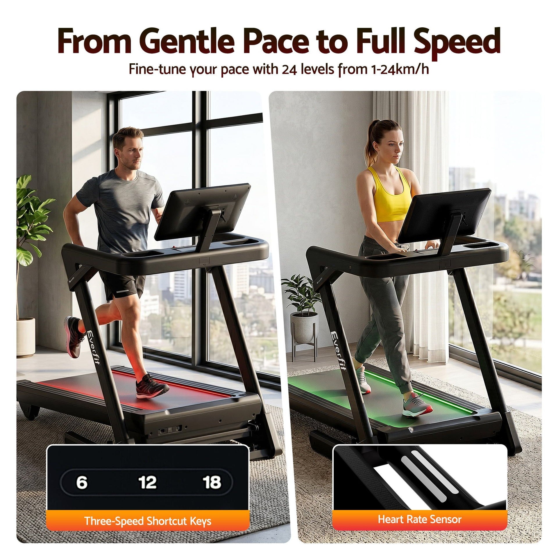 Everfit 500mm Wide Belt Treadmill 30% Auto Incline Foldable Treadmills for Home with LED Lights Awezingly