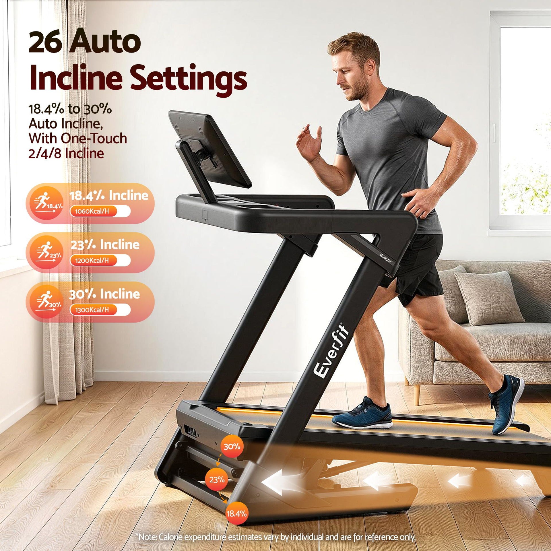 Everfit 500mm Wide Belt Treadmill 30% Auto Incline Foldable Treadmills for Home with LED Lights Awezingly