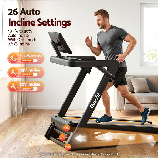 Everfit 500mm Wide Belt Treadmill 30% Auto Incline Foldable Treadmills for Home with LED Lights Awezingly