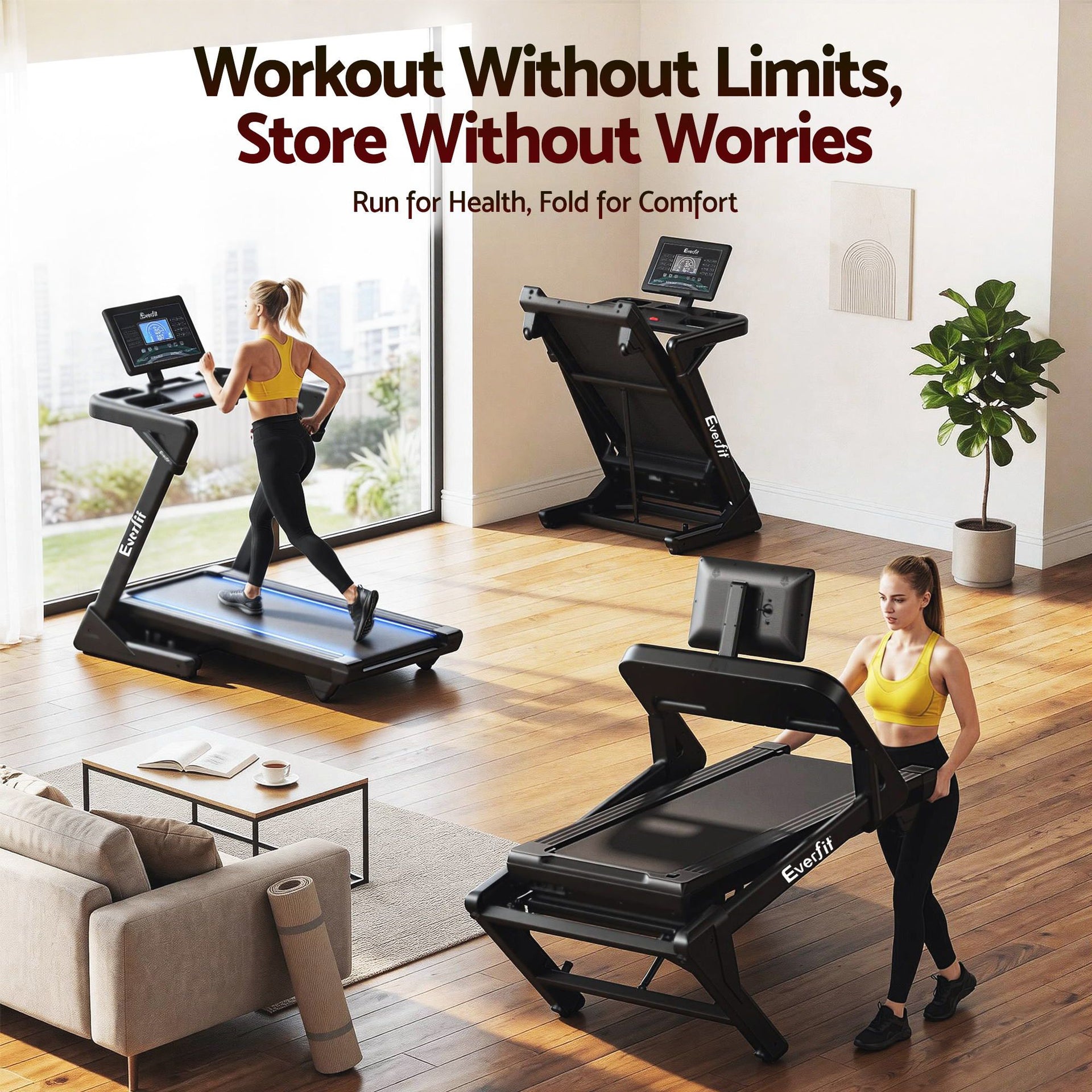 Everfit 500mm Wide Belt Treadmill 30% Auto Incline Foldable Treadmills for Home with LED Lights Awezingly