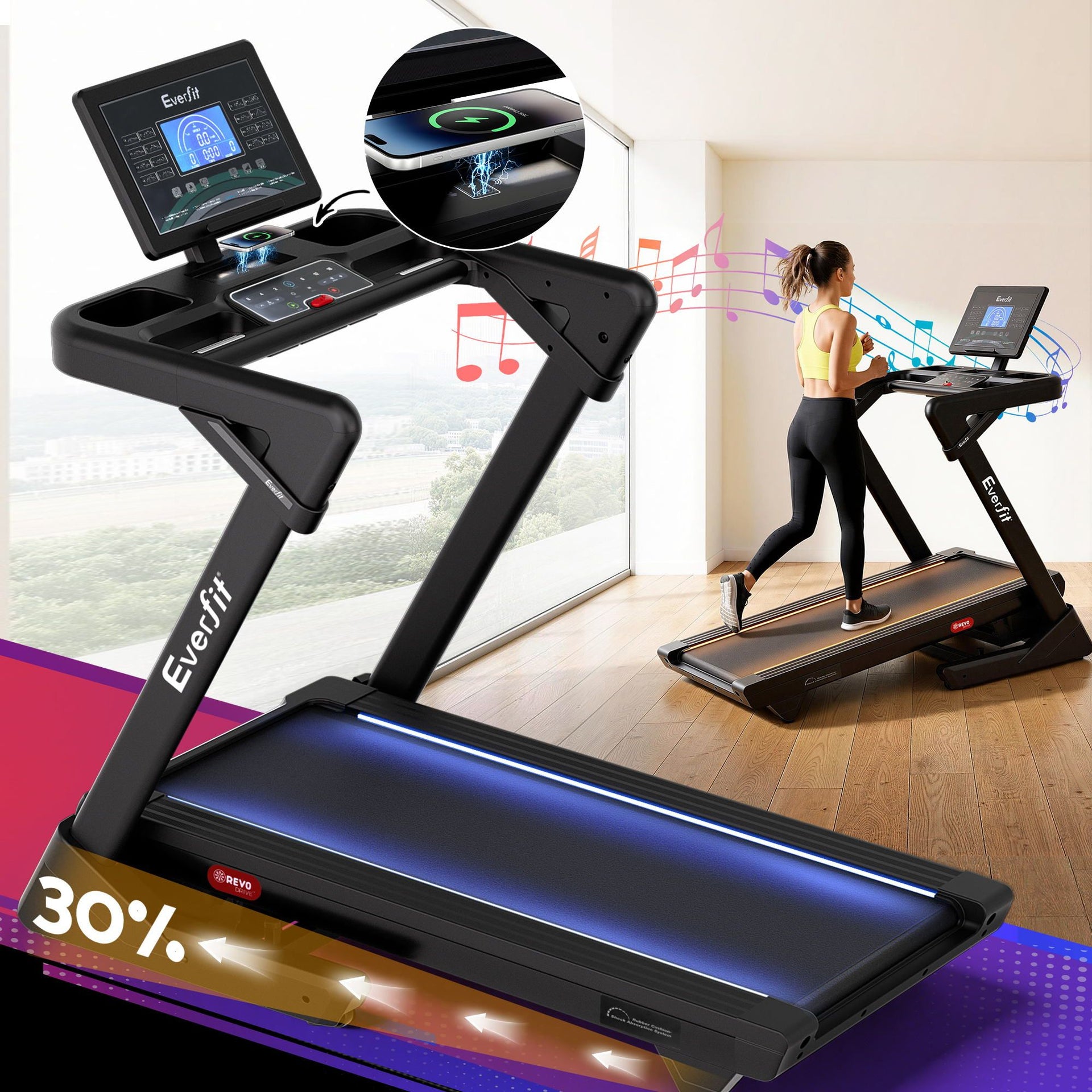 Everfit 500mm Wide Belt Treadmill 30% Auto Incline Foldable Treadmills for Home with LED Lights Awezingly