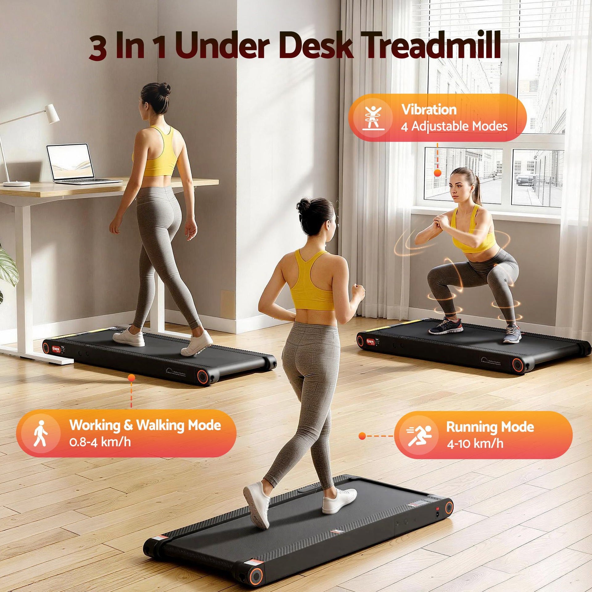 Everfit 4 in 1 Vibration Walking Pad Treadmill Under Desk Treadmills for Home Gym with App Control 380mm Black Awezingly