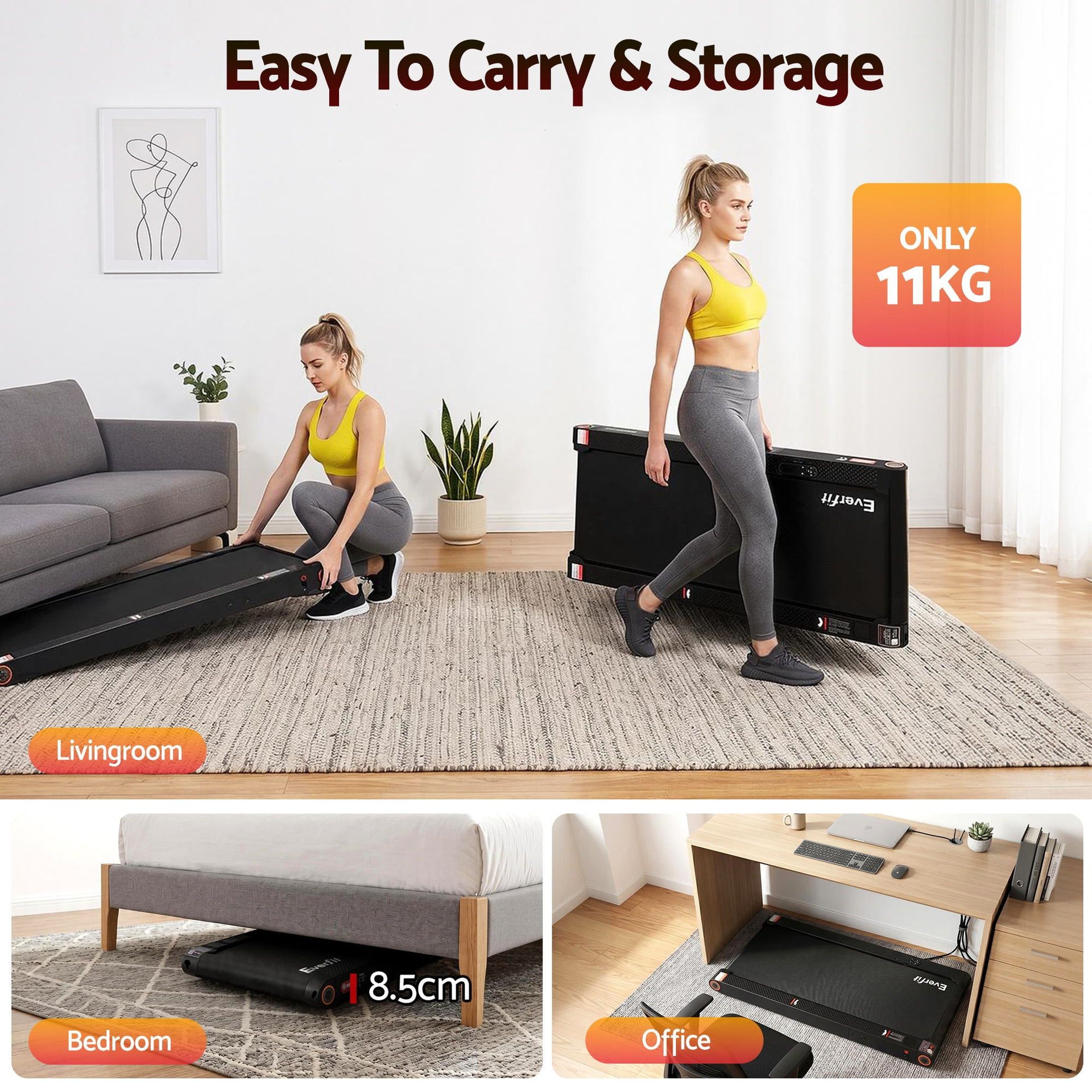 Everfit 4 in 1 Vibration Walking Pad Treadmill Under Desk Treadmills for Home Gym with App Control 380mm Black Awezingly