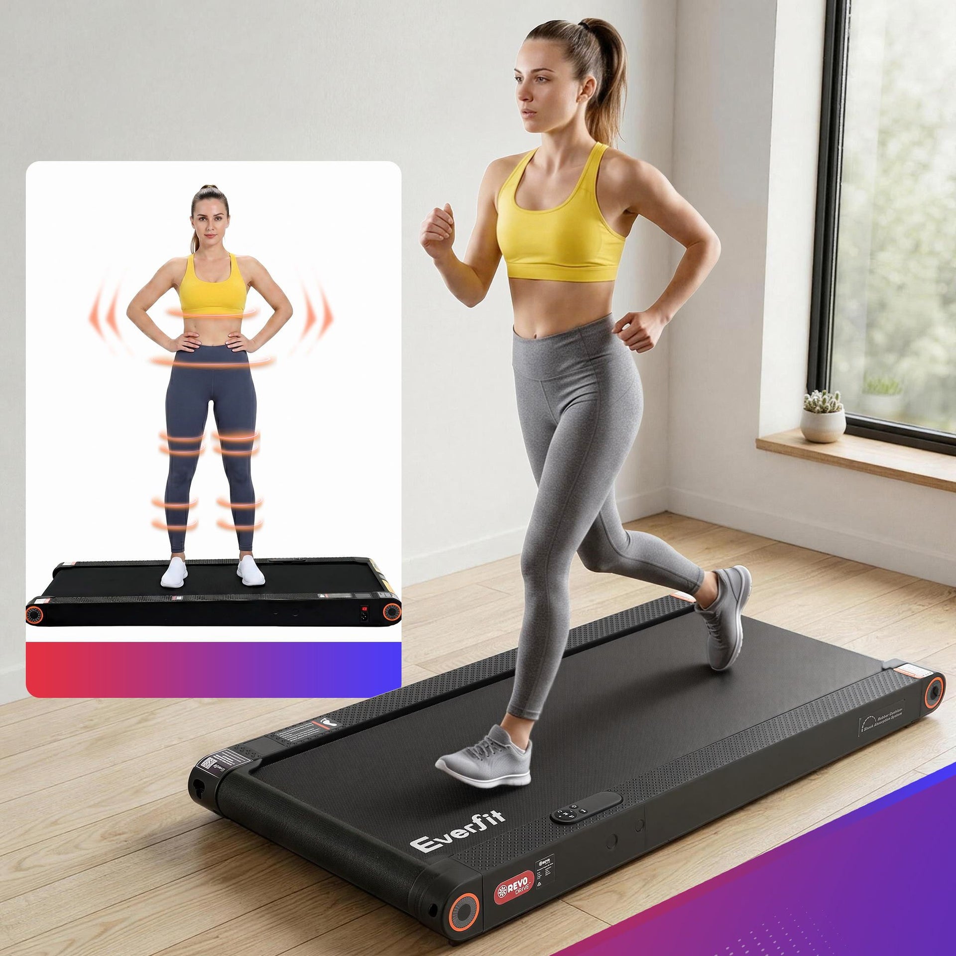 Everfit 4 in 1 Vibration Walking Pad Treadmill Under Desk Treadmills for Home Gym with App Control 380mm Black Awezingly
