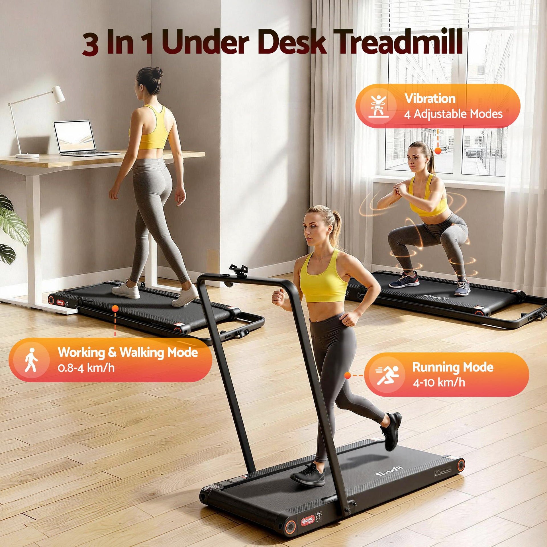 Everfit 4 in 1 Vibration Walking Pad Treadmill Under Desk Treadmills for Home Gym with App Control 380mm Black Awezingly