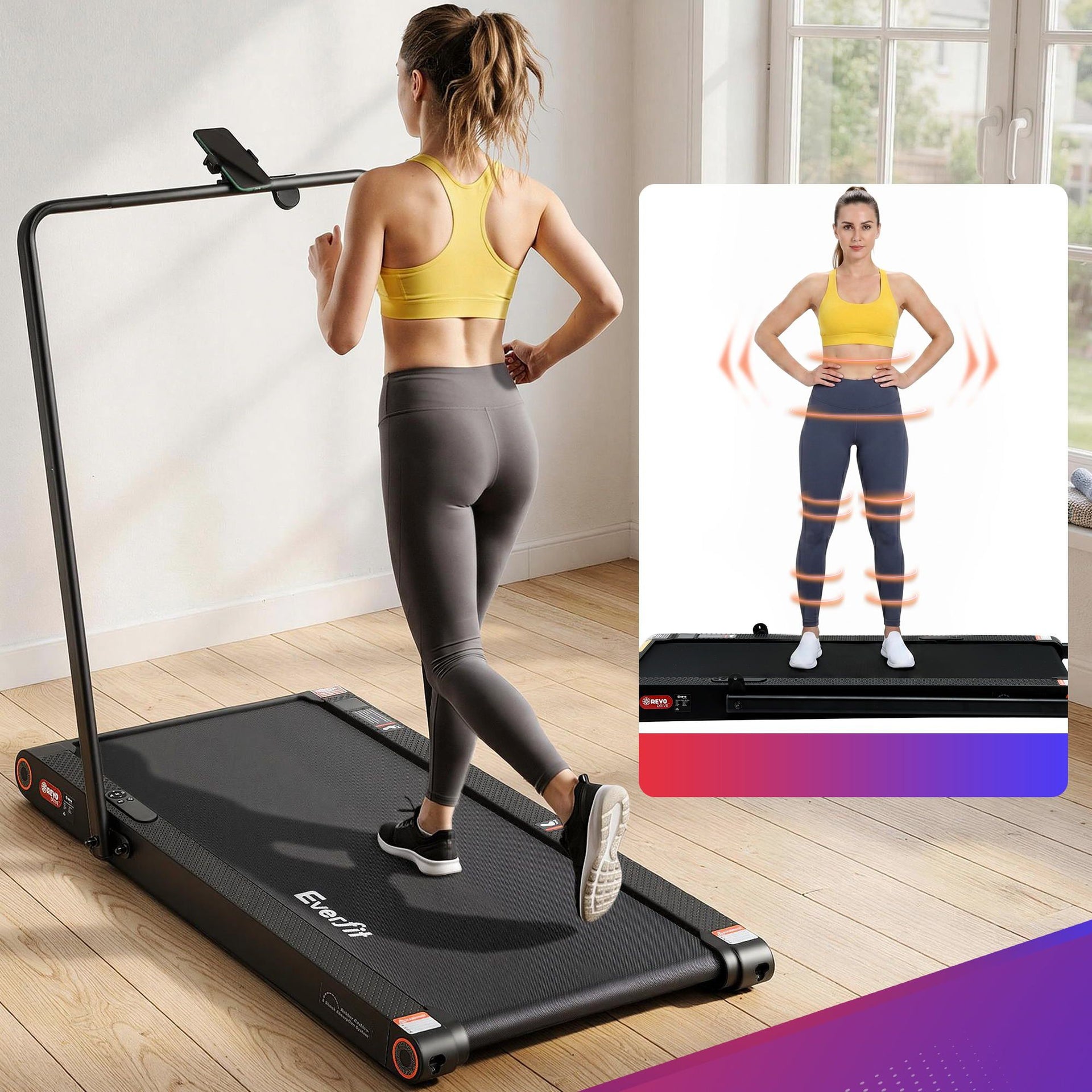 Everfit 4 in 1 Vibration Walking Pad Treadmill Under Desk Treadmills for Home Gym with App Control 380mm Black Awezingly