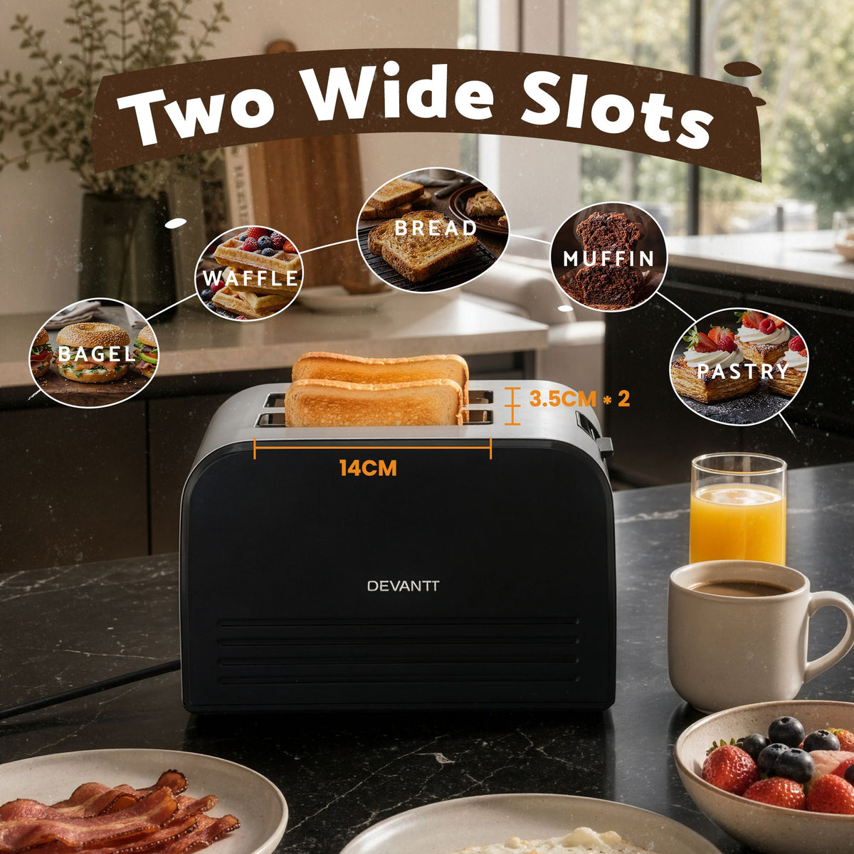 Devanti 2-Slice Toaster, LED Display 3.5cm Wide Slots 6 Browning Levels Awezingly