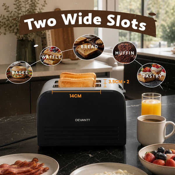 Devanti 2-Slice Toaster, LED Display 3.5cm Wide Slots 6 Browning Levels Awezingly