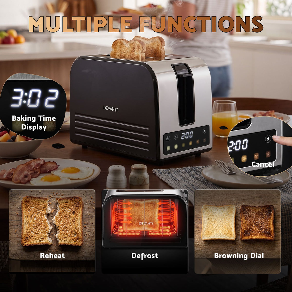 Devanti 2-Slice Toaster, LED Display 3.5cm Wide Slots 6 Browning Levels Awezingly