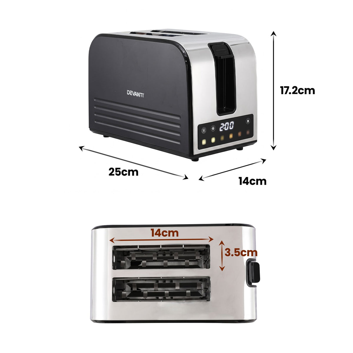 Devanti 2-Slice Toaster, LED Display 3.5cm Wide Slots 6 Browning Levels Awezingly