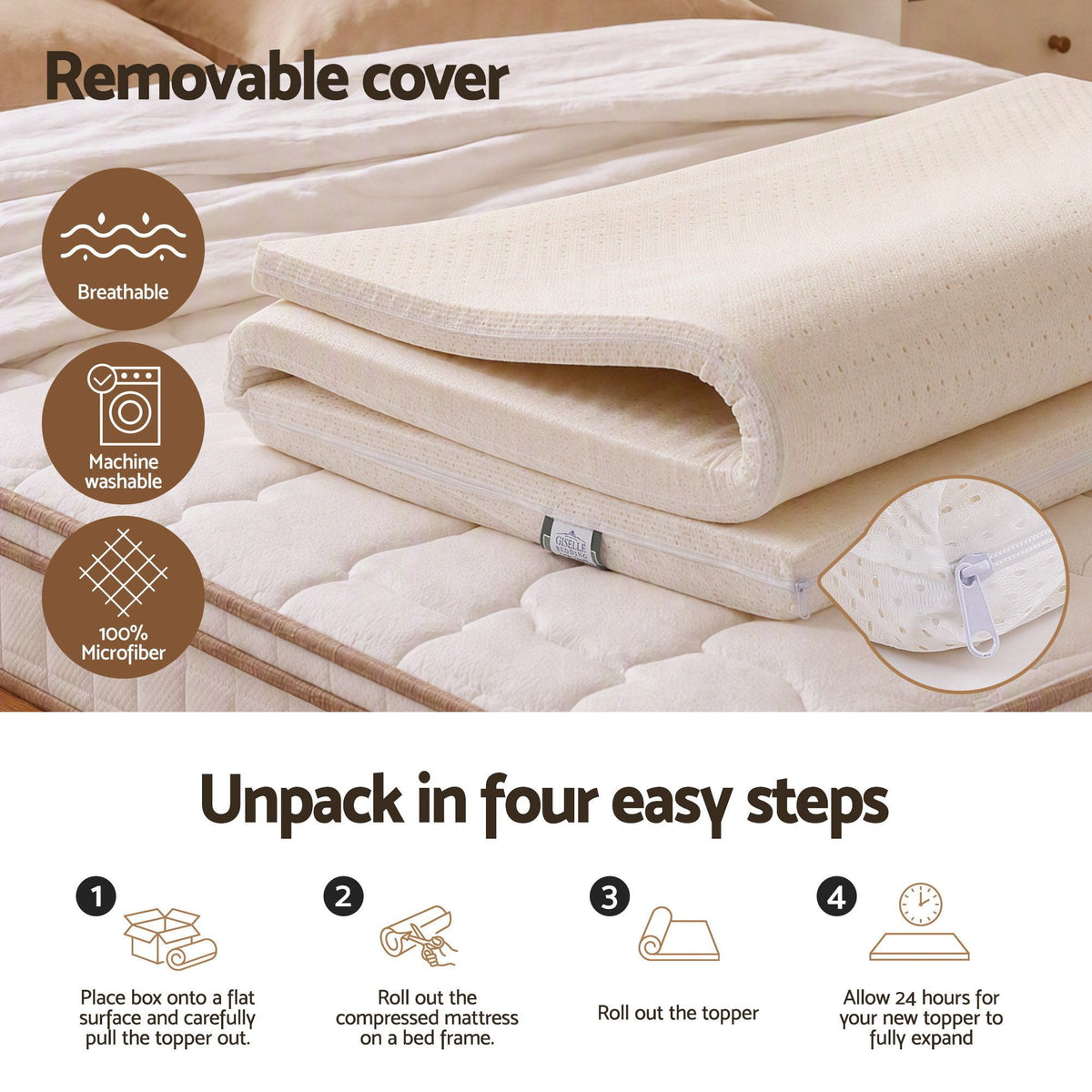 Giselle Bedding Double Latex Mattress Topper 7-Zone Natural Latex Core Breathable 5cm Awezingly