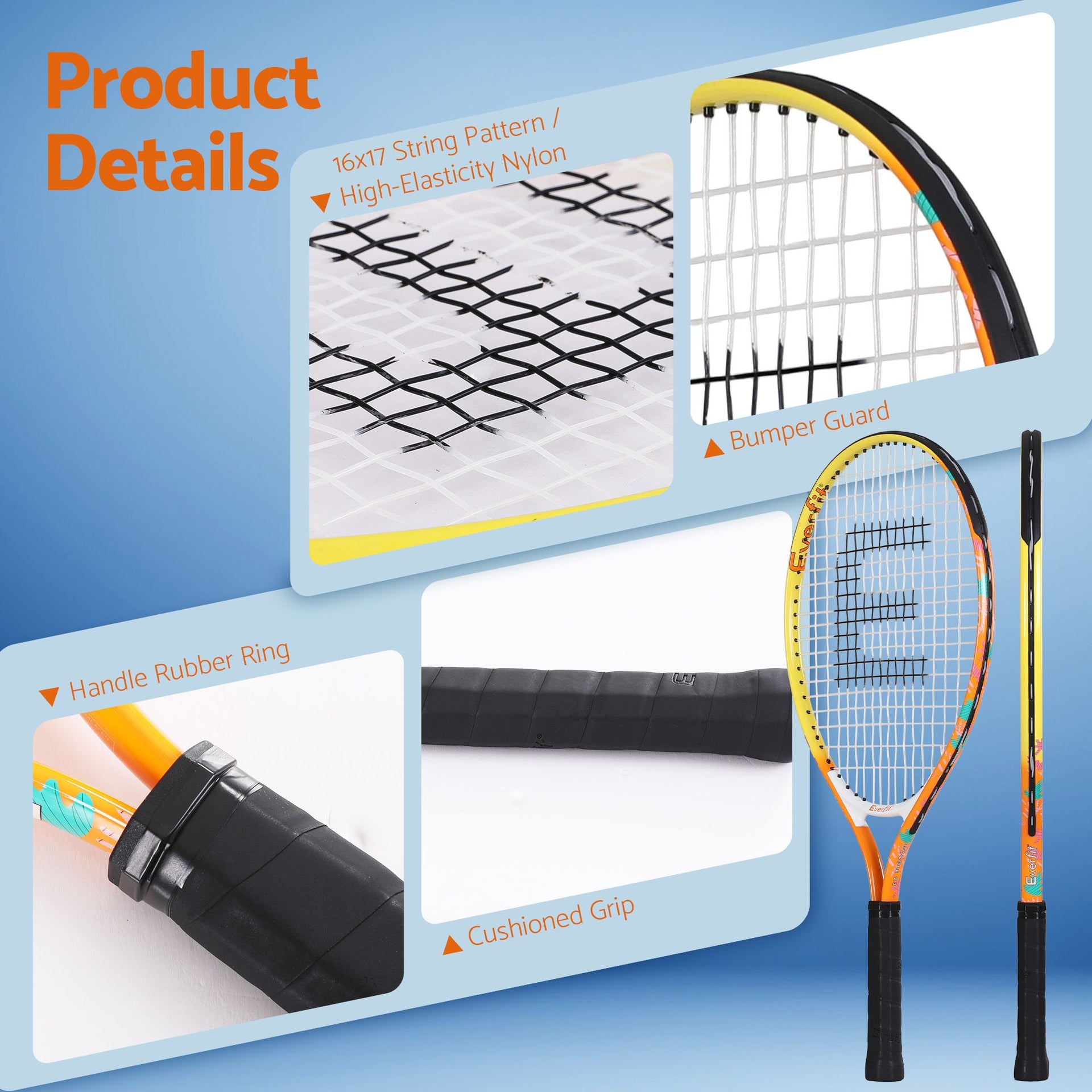 Everfit 23 Inch Tennis Racket Lightweight 200g for Adult and Junior Players Orange Awezingly