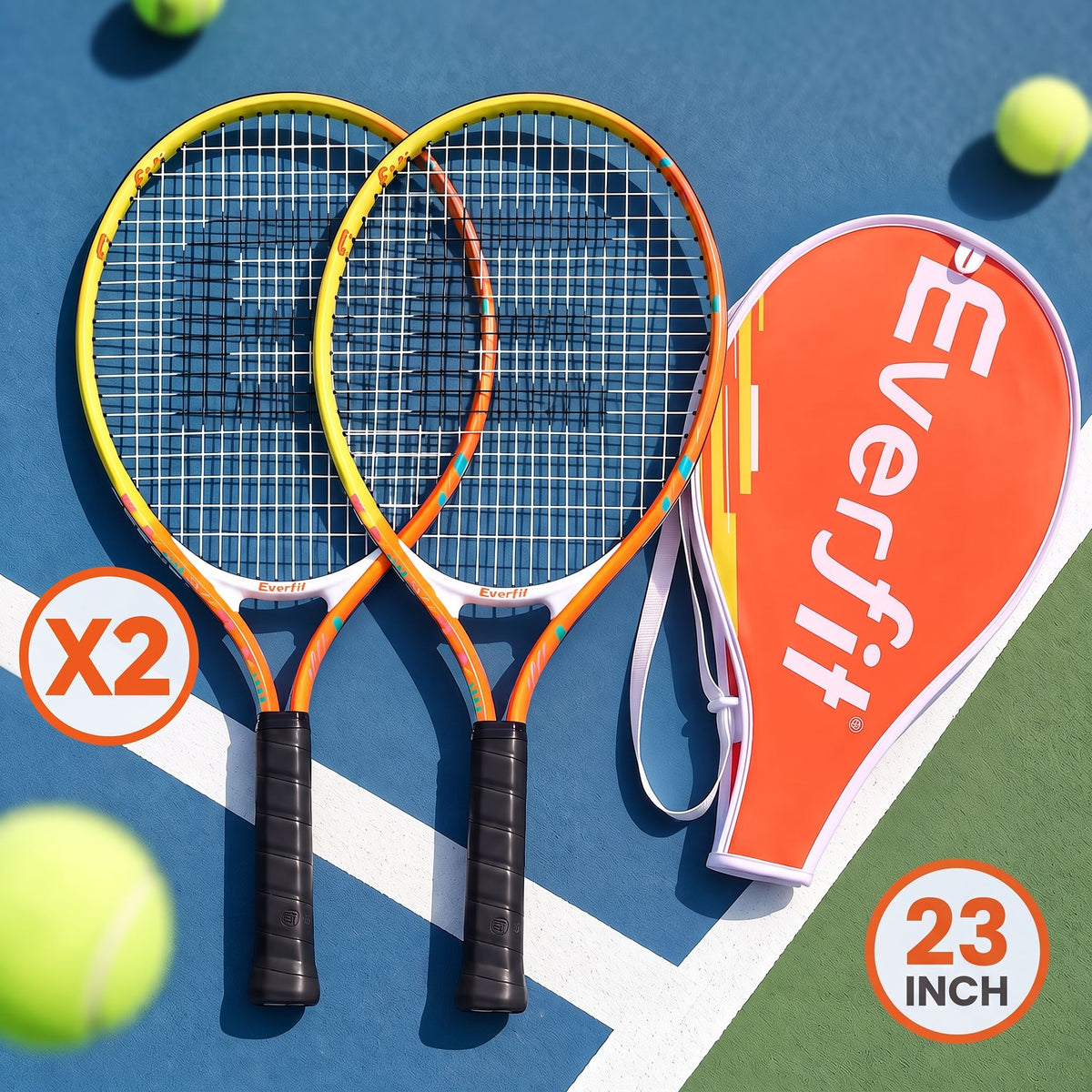 Everfit 23 Inch Tennis Racket Set of 2 Pack Lightweight Cushioned Grip Orange Awezingly