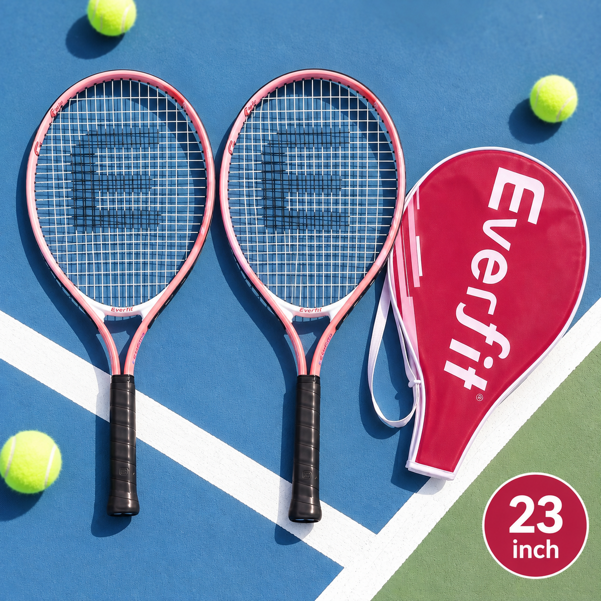 Everfit 23 Inch Tennis Racket Set of 2 Pack Lightweight Cushioned Grip Pink Awezingly