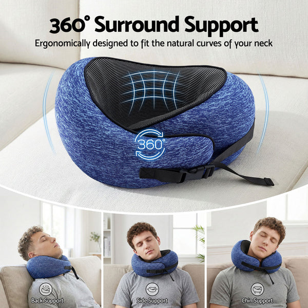 Wanderlite Travel Pillows for Airplanes Ergonomic Memory Foam Neck Pillow, Breathable & Washable Cover, Travel Bag Included, Airplane Pillow for Airplane, Car, Office and Home, Blue Awezingly