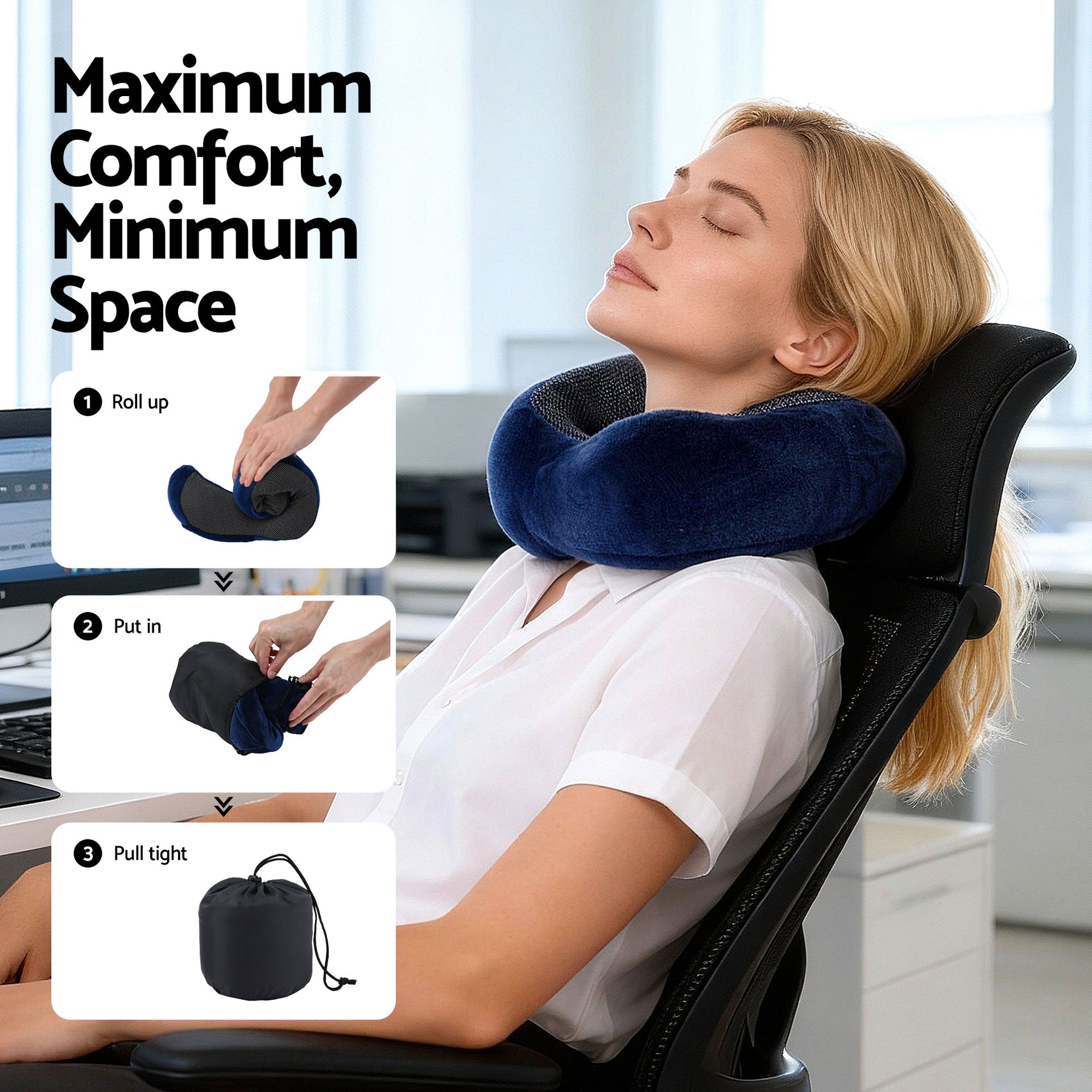 Wanderlite Travel Pillow for Airplanes Memory Foam Neck Pillows for Traveling, Soft & Washable Cover with Storage Bag, Portable Plane Accessories for Airplanes Offices Cars, Blue Awezingly