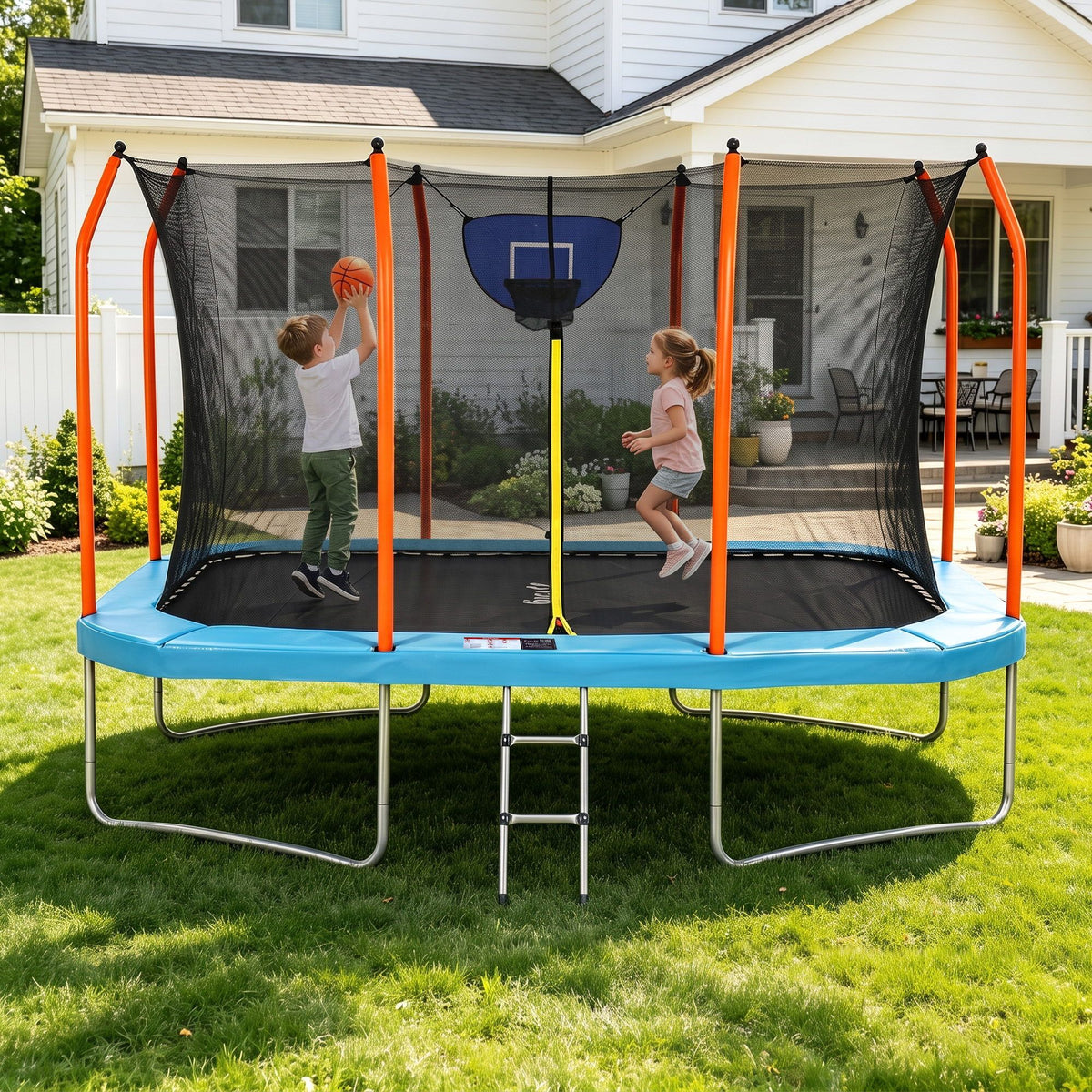 Everfit 12FT Kids Trampoline Rectangle Rebounder with Basketball Set Blue Awezingly