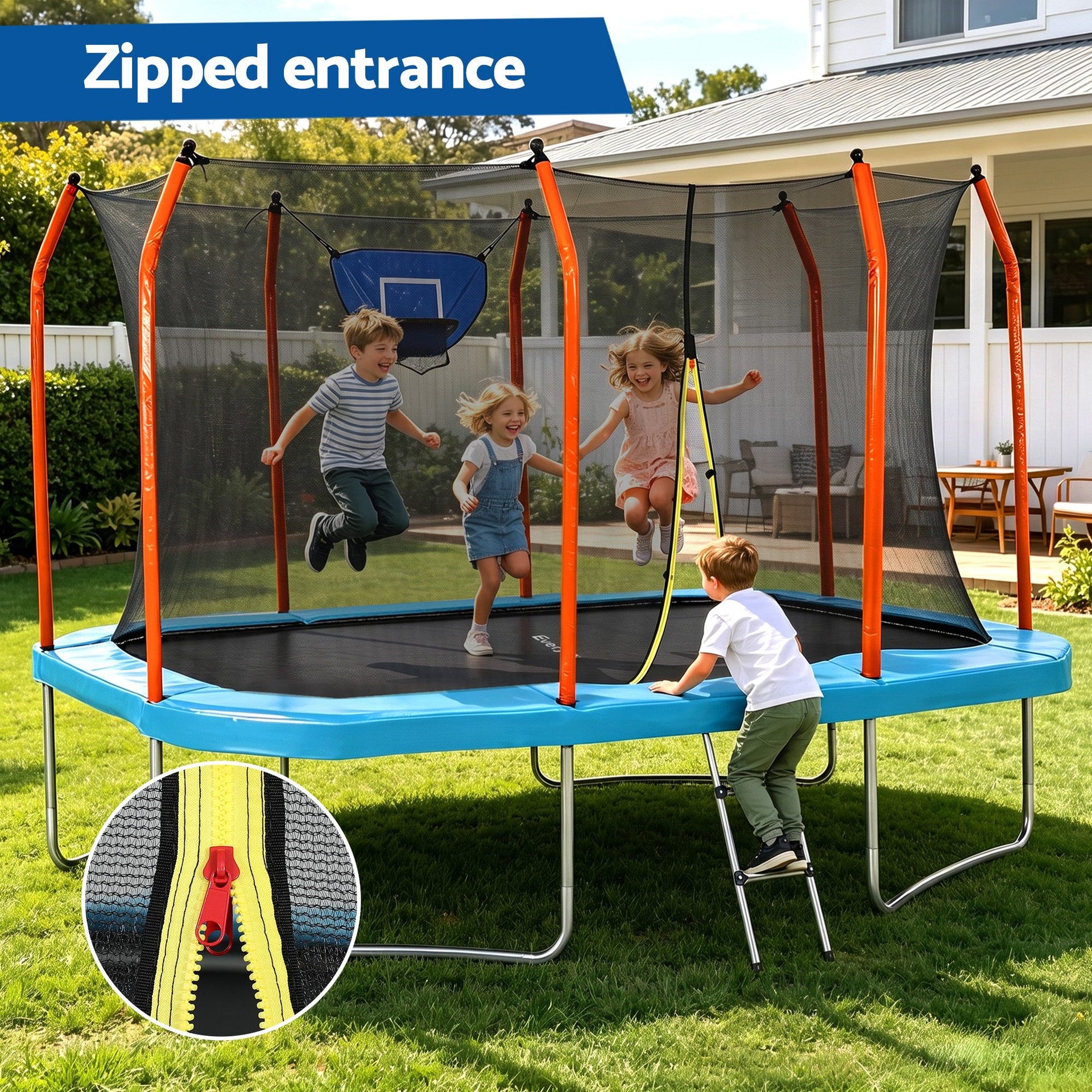 Everfit 12FT Kids Trampoline Rectangle Rebounder with Basketball Set Blue Awezingly