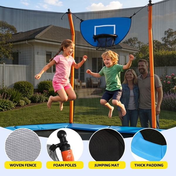 Everfit 12FT Kids Trampoline Rectangle Rebounder with Basketball Set Blue Awezingly