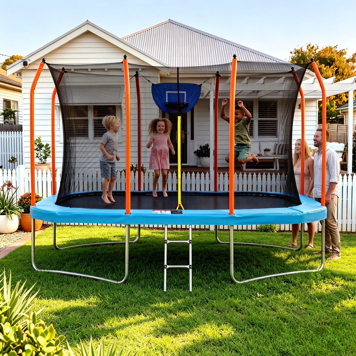 Everfit 12FT Kids Trampoline Rectangle Rebounder with Basketball Set Blue Awezingly