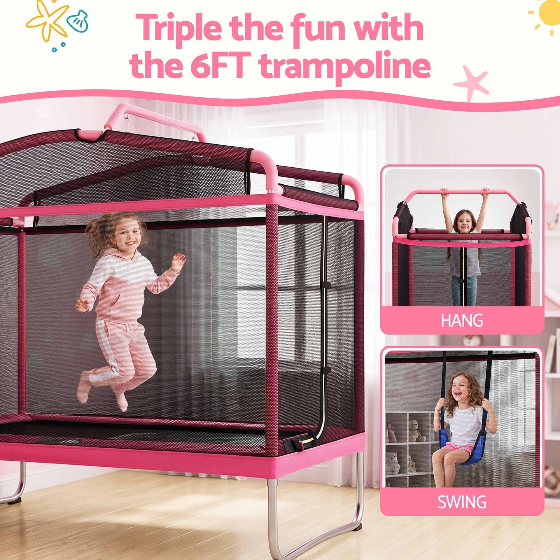 Everfit 3-in-1 Kids Rectangle 6FT Trampoline Rebounder with Swing Belt Pink Awezingly