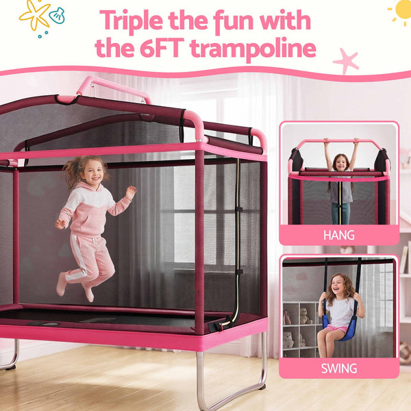 Everfit 3-in-1 Kids Rectangle 6FT Trampoline Rebounder with Swing Belt Pink Awezingly