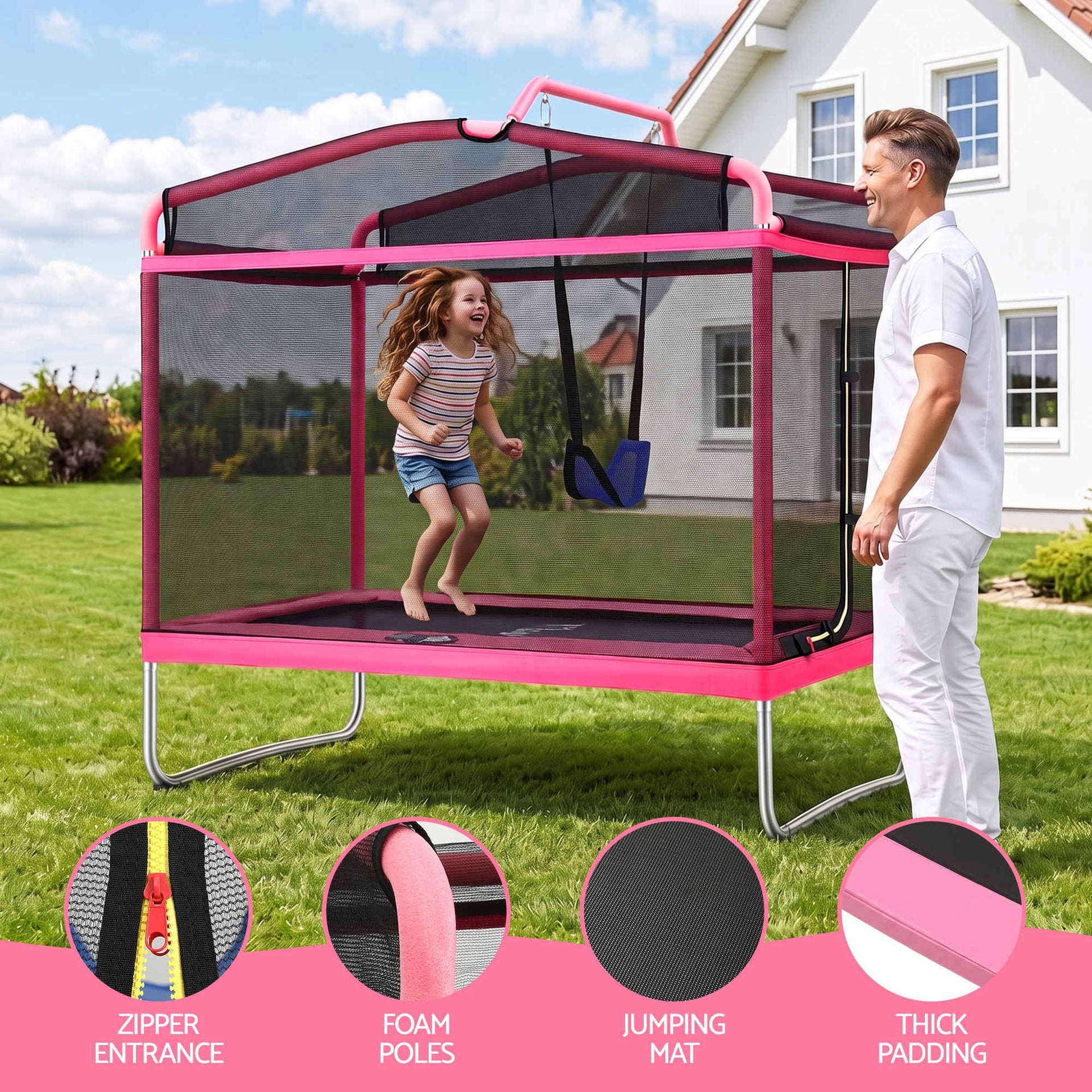 Everfit 3-in-1 Kids Rectangle 6FT Trampoline Rebounder with Swing Belt Pink Awezingly