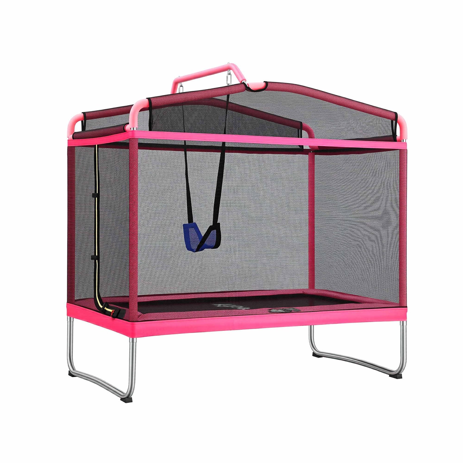 Everfit 3-in-1 Kids Rectangle 6FT Trampoline Rebounder with Swing Belt Pink Awezingly