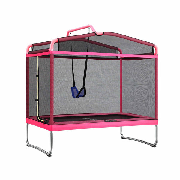 Everfit 3-in-1 Kids Rectangle 6FT Trampoline Rebounder with Swing Belt Pink Awezingly